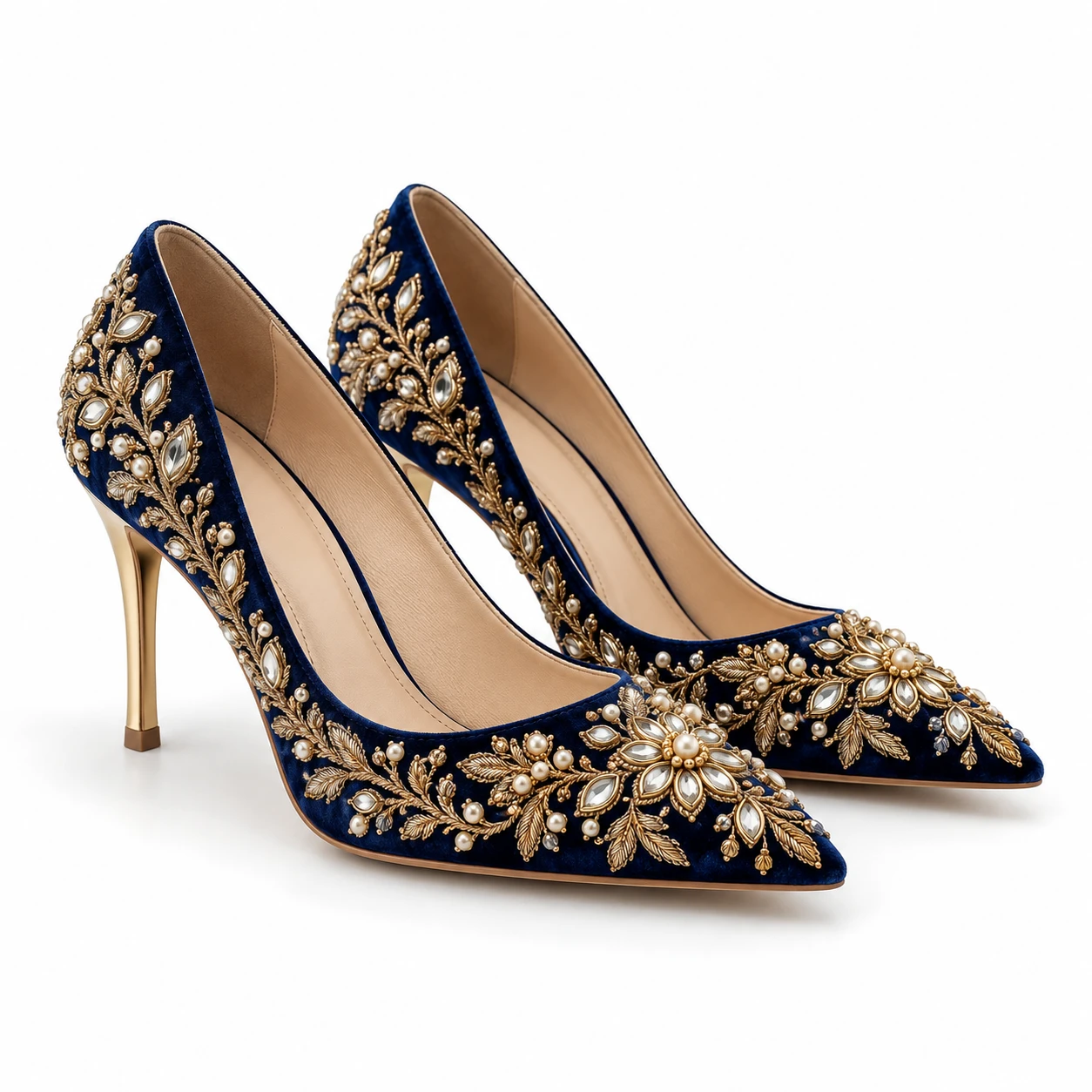 Navy blue heels with gold embroidery