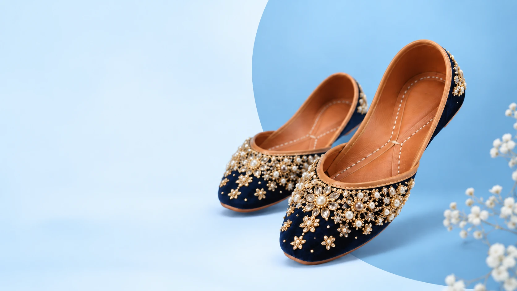 Navy velvet khussa with golden pearl embroidery