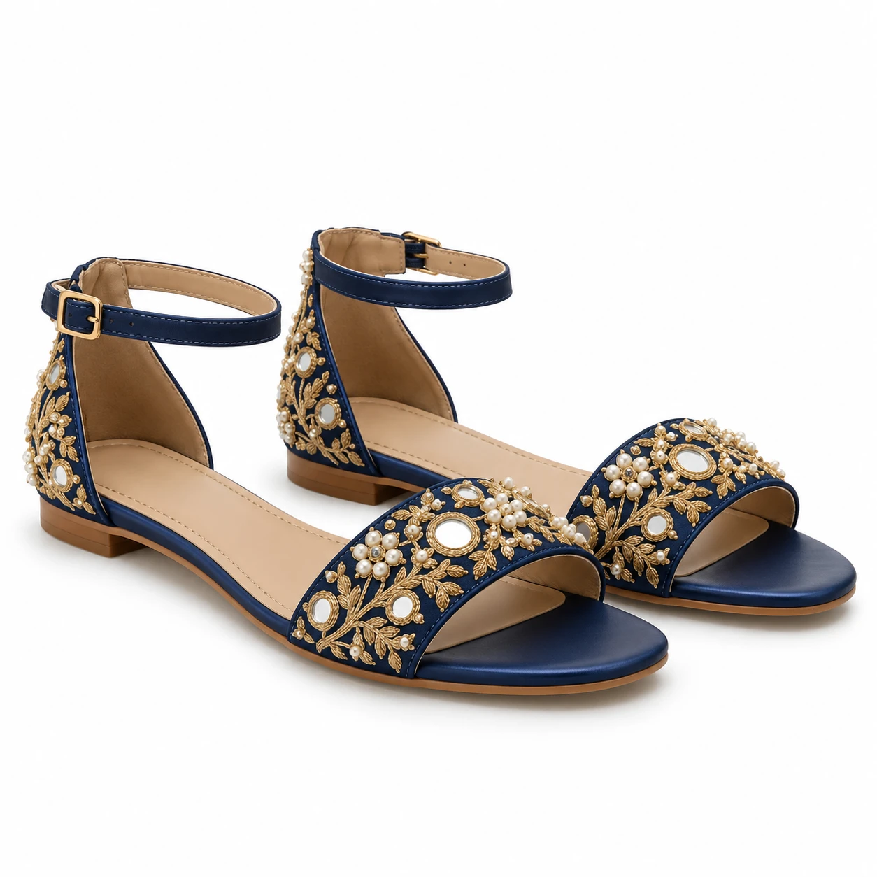 Navy blue sandals with gold embroidery