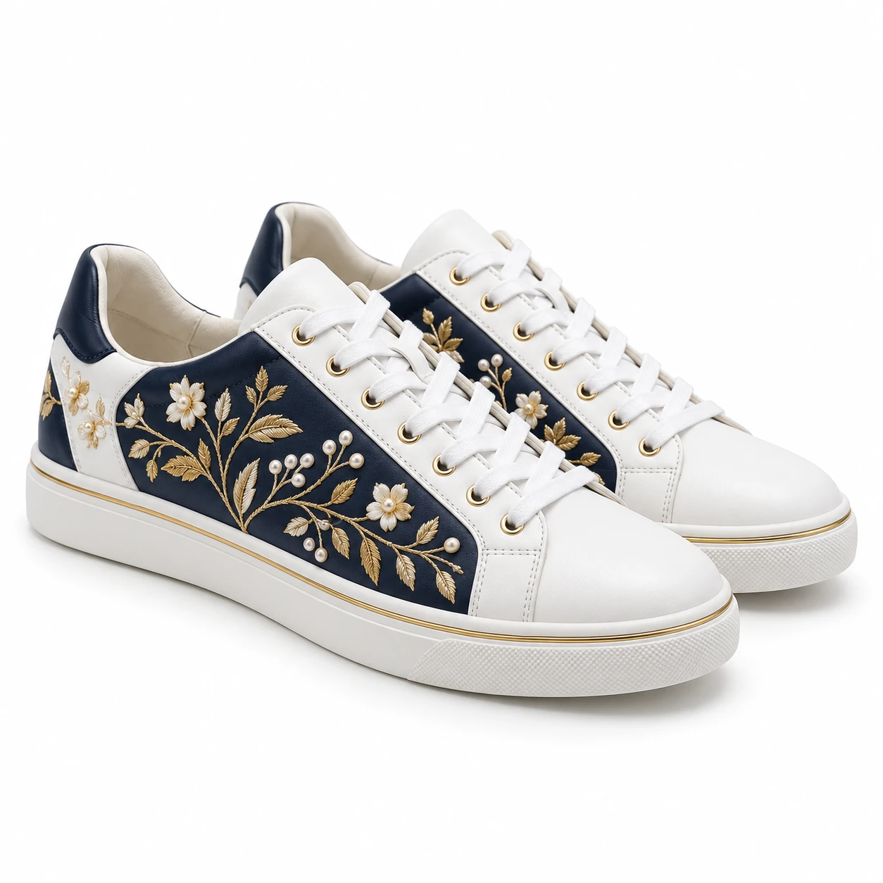 White and navy sneakers with gold embroidery